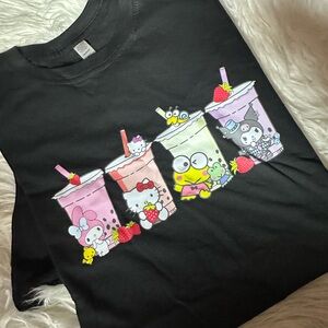 Black Graphic T-Shirt with Cartoon Bubble Tea Design